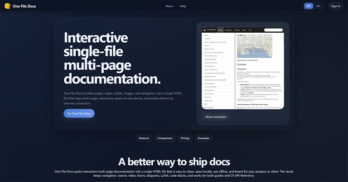 One File Docs - Interactive single-file multi-page documentation